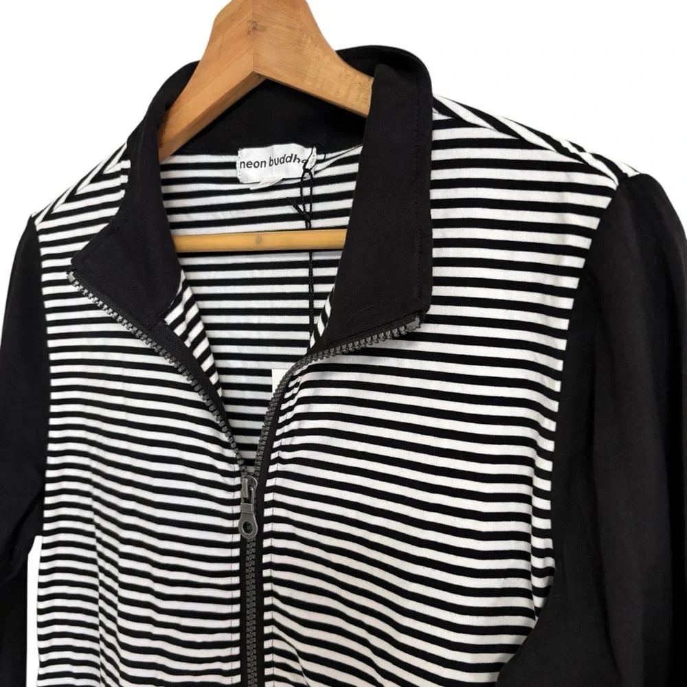 Neon Buddha black white stripes front row tiered ruffle zip up jacket pockets XS - Picture 4 of 15